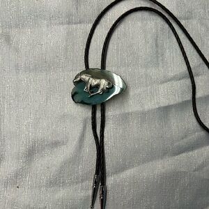 Cowboy Silver Crystal Bolo Tie with Horse Design